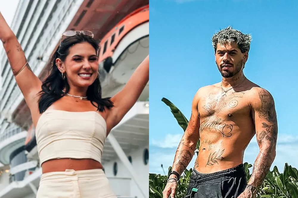 Ana Castela e Zé Felipe são vistos em uma montagem. Na esquerda a cantora está sorridente com os braços para cima, de costas para um navio. Na esquerda, Zé está sem camisa no meio da natureza