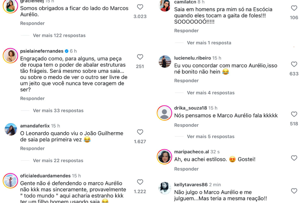 Saia é polêmica? Marco Aurélio questiona sexualidade do filho após Tiago usar saia. Nas redes, são poucos os comentários que defendem a liberdade de vestimenta do jovem, lembrando que uma peça de roupa não define sexualidade ou caráter. A grande maioria concorda com o posicionamento de Marco Aurélio.
