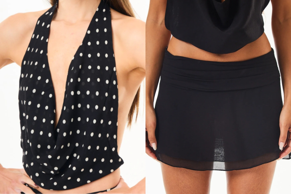 Blusa de frente única com estampa de bolinhas e minissaia preta da Makai usadas por Maisa Silva