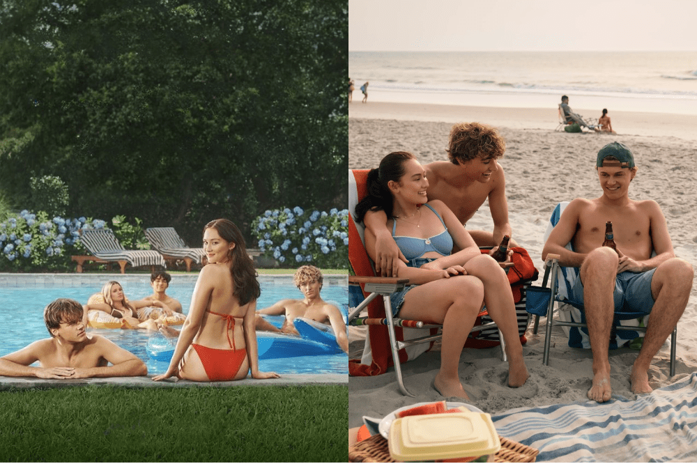 Elenco na piscina, em destaque Conrad e Jeremiah olha pra Belly que usa biquini vermelho (esquerda). Na praia, Jeremiah abraça Belly que está usando biquini azul
