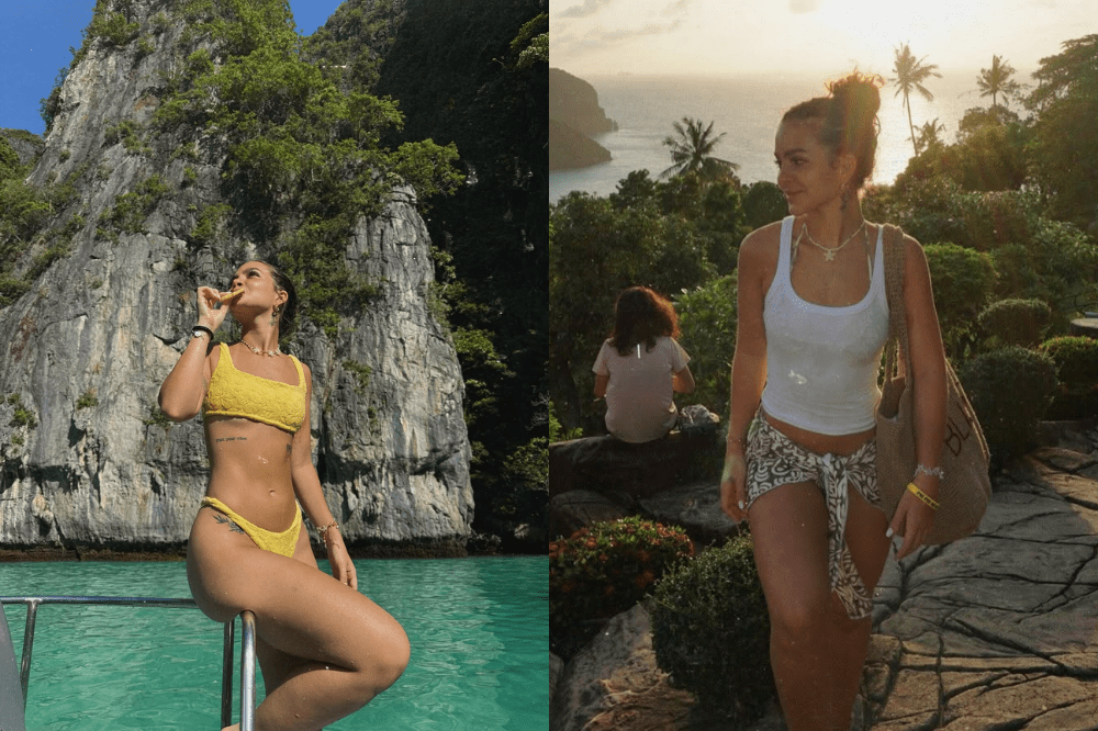 Mel Maia na Tailândia montagem. Na esquerda, a atriz usa um biquini amarelo e está em um barco de costas para uma montanha. Na direita, ela olha para esquerda, usa uma regata branca e está na frente de uma paisagem cheia de vegetação e mar