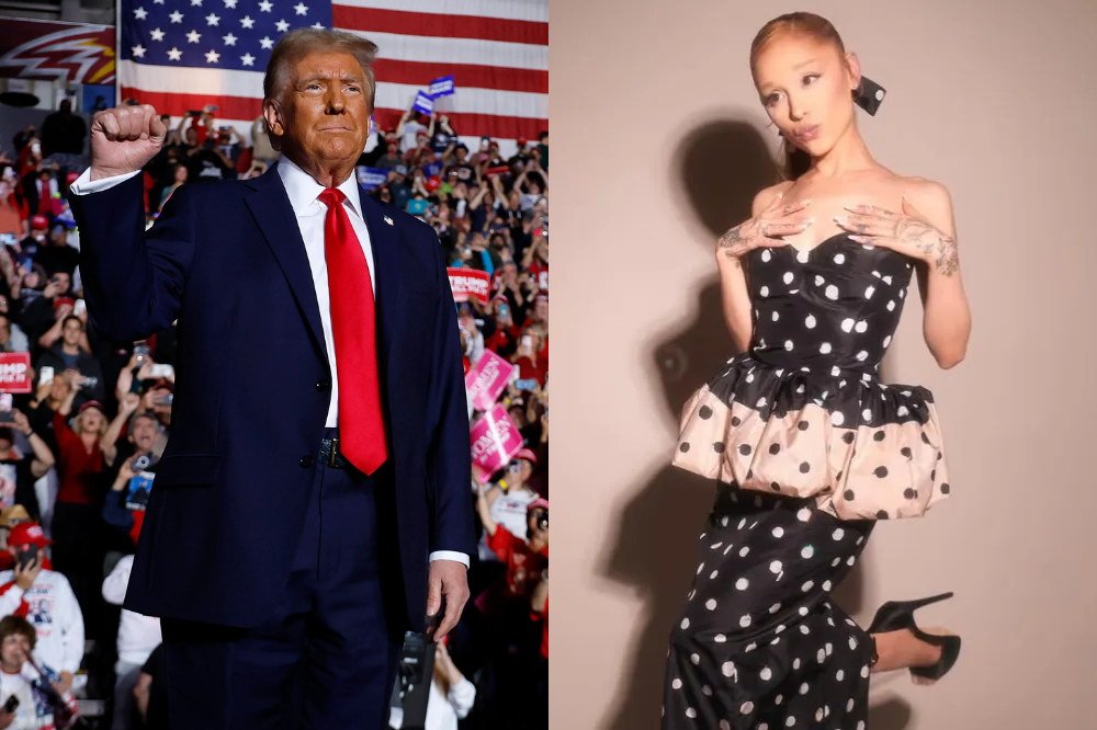 Donald Trump em comício (esquerda) Ariana Grande com vestido da marca Fendi para o VMA 2025 (direita)