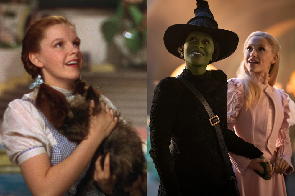 Dorothy está sorrindo e olhando para cima em cena 'O Mágico de Oz' (esquerda) Cynthia Erivo e Ariana Grande em cena de Wicked como Elphaba e Glinda; elas estão sorrindo enquanto olham para cima de mãos dadas (Direita)
