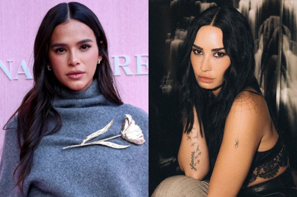 Montagem com foto da Bruna Marquezine à esquerda e Demi Lovato à direita