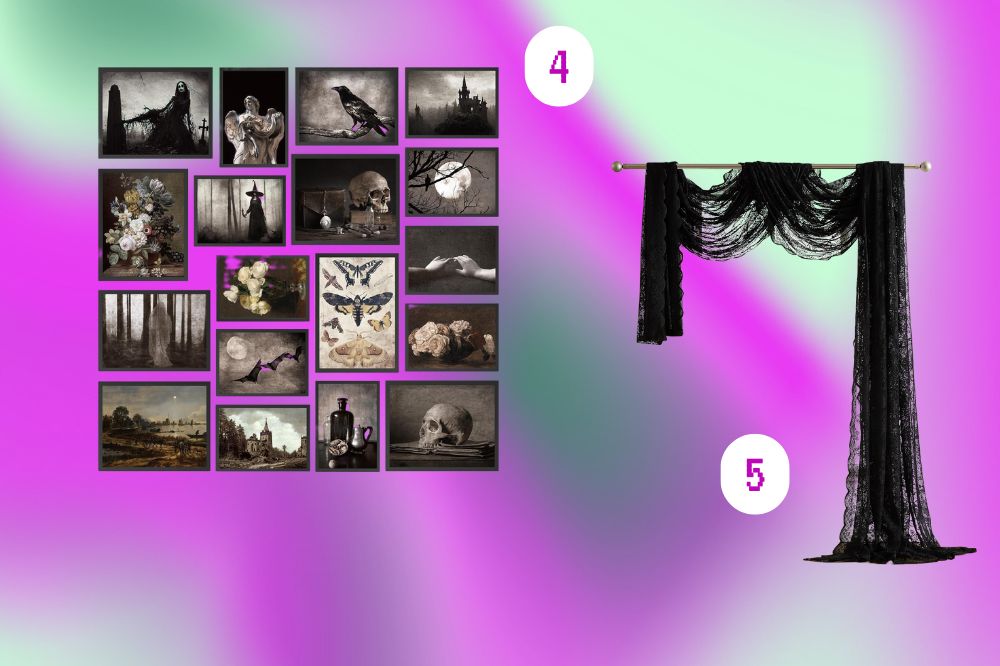 Montagem com dois itens de decoração em estilo gótico sobre um fundo colorido em tons de rosa, verde e lilás. O item 4 mostra uma coleção de quadros em preto e branco com imagens sombrias, como corvos, crânios, flores secas, castelos e luas cheias. O item 5 apresenta uma cortina de renda preta drapeada em um varão dourado, com um visual elegante e misterioso.