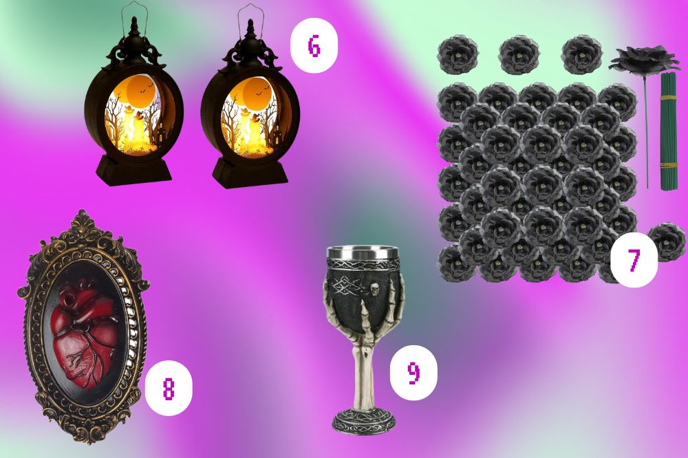 Montagem com quatro itens de decoração temática sombria sobre um fundo em tons de rosa, verde e lilás. O item 6 mostra duas lanternas pretas com luz amarela e ilustração de gatos e árvores sob a lua cheia. O item 7 apresenta várias flores pretas artificiais dispostas lado a lado. O item 8 é um quadro oval com moldura dourada e um coração anatômico vermelho em relevo no centro. O item 9 mostra um cálice prateado e preto decorado com uma mão esquelética segurando a taça.