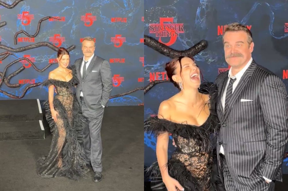 Millie Bobby Brown e David Harbour pusam para foto (esquerda) e os dois riem abraçados (direita)