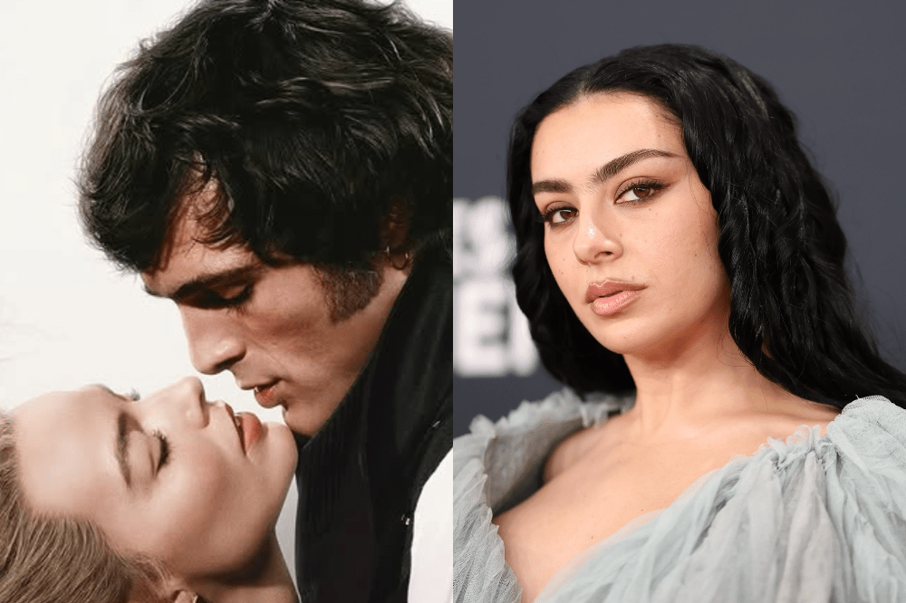 Cartaz de 'O Morro dos Uivantes' com Margot Robbie e Jacob Elordi se beijando (Esquerda) Charli xcx no Grammy (direita)