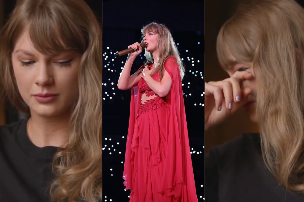 Taylor chora de cabeça baixa (esquerda); Taylor usa vestido bordô no set de Folklore da The Eras Tour (centro); Taylor limpa as lagrimas (direita)