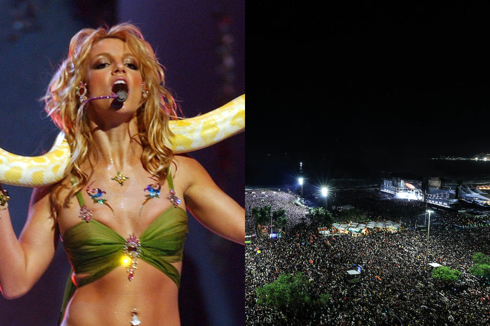 Imagem dividida em duas partes. À esquerda, uma cantora se apresenta no palco usando figurino verde com pedrarias, microfone headset e uma cobra amarela apoiada nos ombros, cantando com expressão intensa. À direita, uma multidão ocupa a orla de Copacabana à noite, com milhares de pessoas reunidas em frente a um grande palco iluminado, criando um cenário de show ao ar livre de grandes proporções.