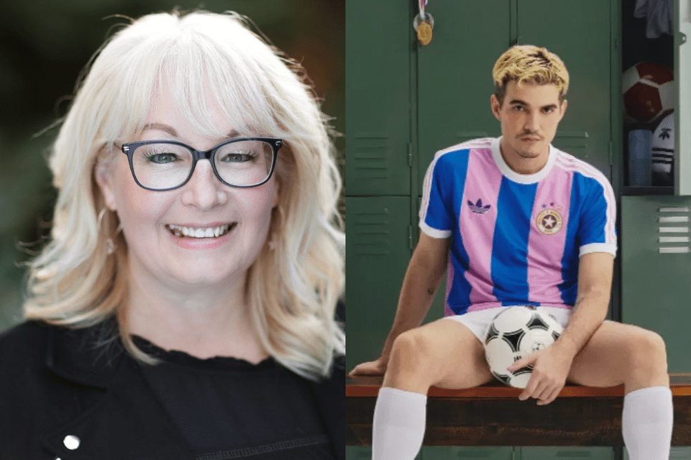 Imagem dividida em duas partes: à esquerda, mulher loira de óculos sorri para a câmera em retrato com fundo desfocado; à direita, jovem vestido como jogador de futebol sentado em banco de vestiário segura uma bola, usando uniforme listrado em azul e rosa, com armários ao fundo.