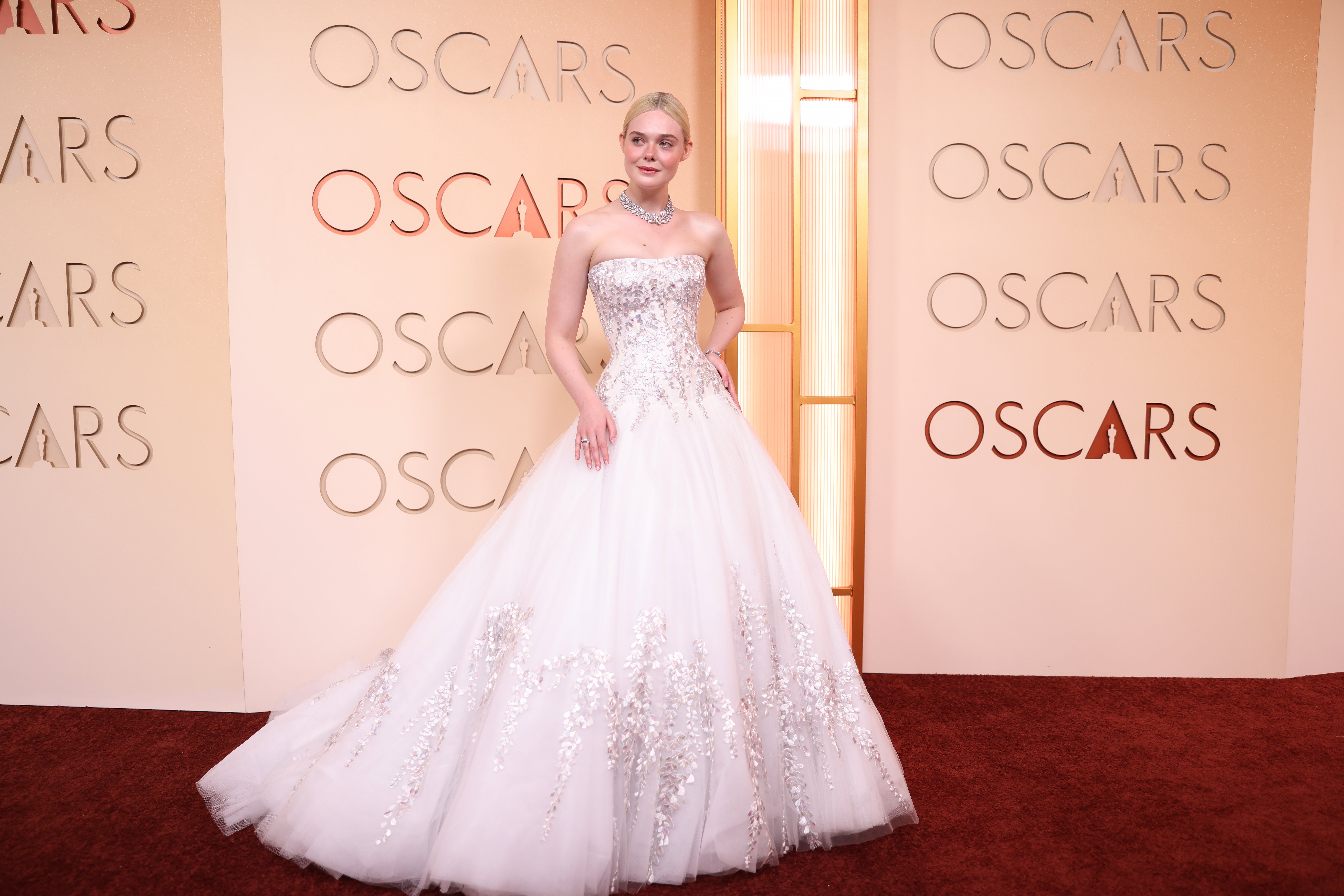 Hollywood, CA - March 15, 2026: Elle Fanning arrives on the red carpet at the 98th Annual Academy Awards held by the Academy of Motion Picture Arts and Sciences at the Dolby Theatre in Hollywood, CA, Sunday, March 15, 2026. (Christina House / Los Angeles Times via Getty Images)
