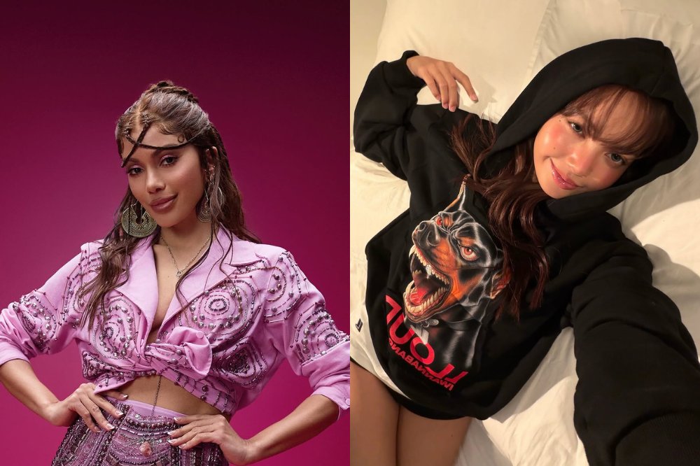 À esquerda, uma mulher posa produzida em look rosa; à direita, outra tira selfie deitada usando moletom.