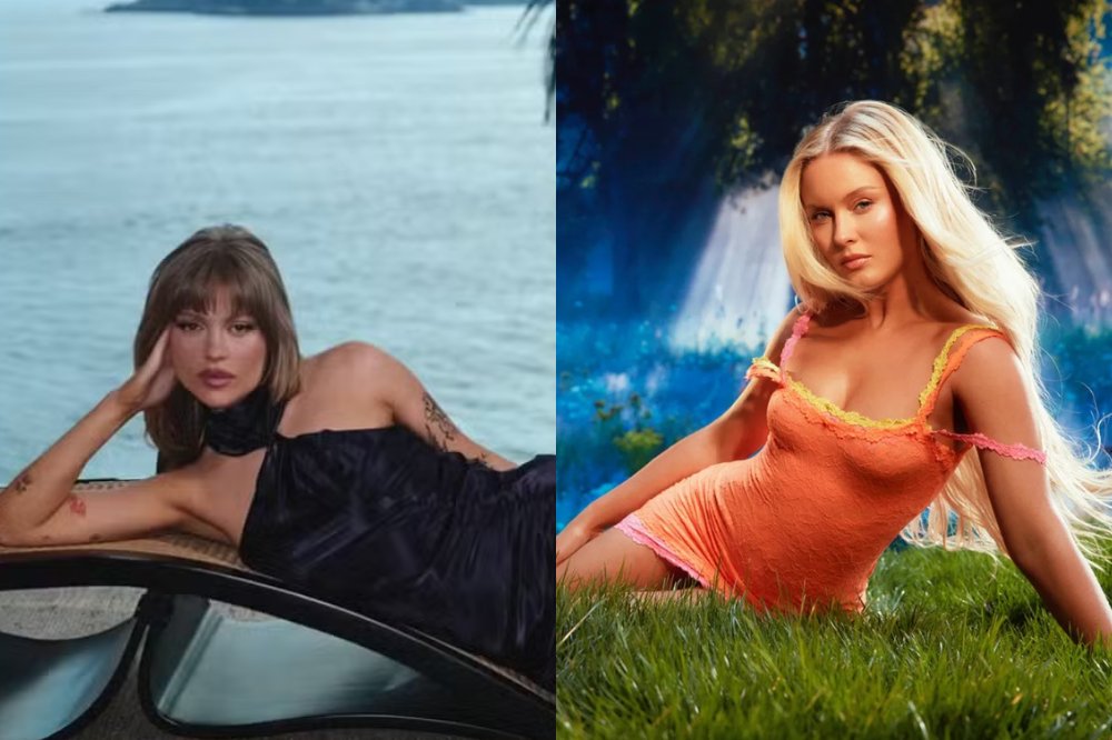 Imagem dividida em duas fotos: à esquerda, mulher deitada sobre um carro próximo ao mar usando vestido preto; à direita, mulher loira posa sentada na grama com vestido laranja em cenário que lembra uma floresta iluminada.