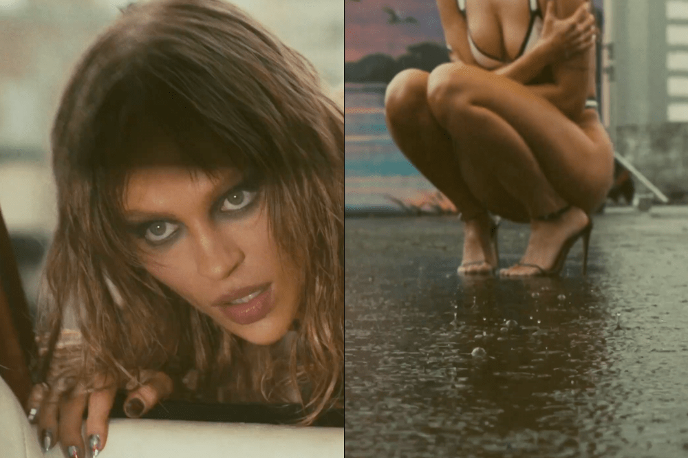 Imagem dividida em duas cenas: à esquerda, mulher com maquiagem intensa e olhar direto para a câmera se inclina sobre um carro; à direita, mulher agachada em salto alto sobre asfalto molhado, com gotas de chuva visíveis no chão.