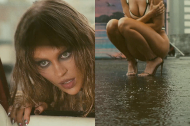 Imagem dividida em duas cenas: à esquerda, mulher com maquiagem intensa e olhar direto para a câmera se inclina sobre um carro; à direita, mulher agachada em salto alto sobre asfalto molhado, com gotas de chuva visíveis no chão.