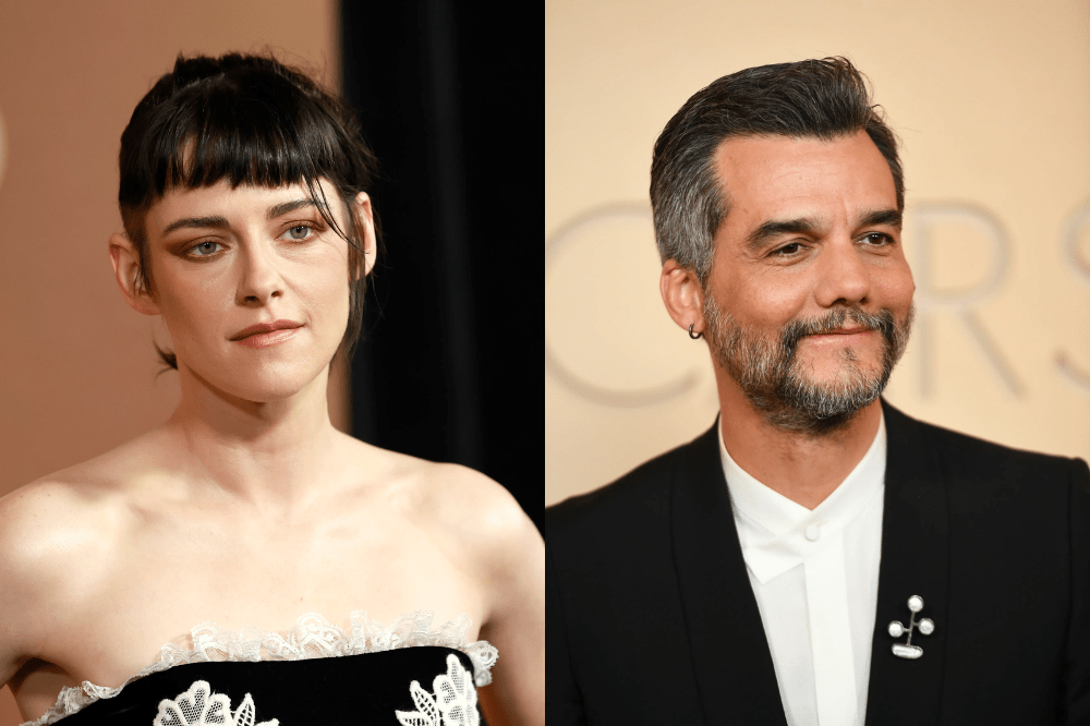 À esquerda, uma mulher com franja posa com expressão séria; à direita, um homem de terno sorri levemente.