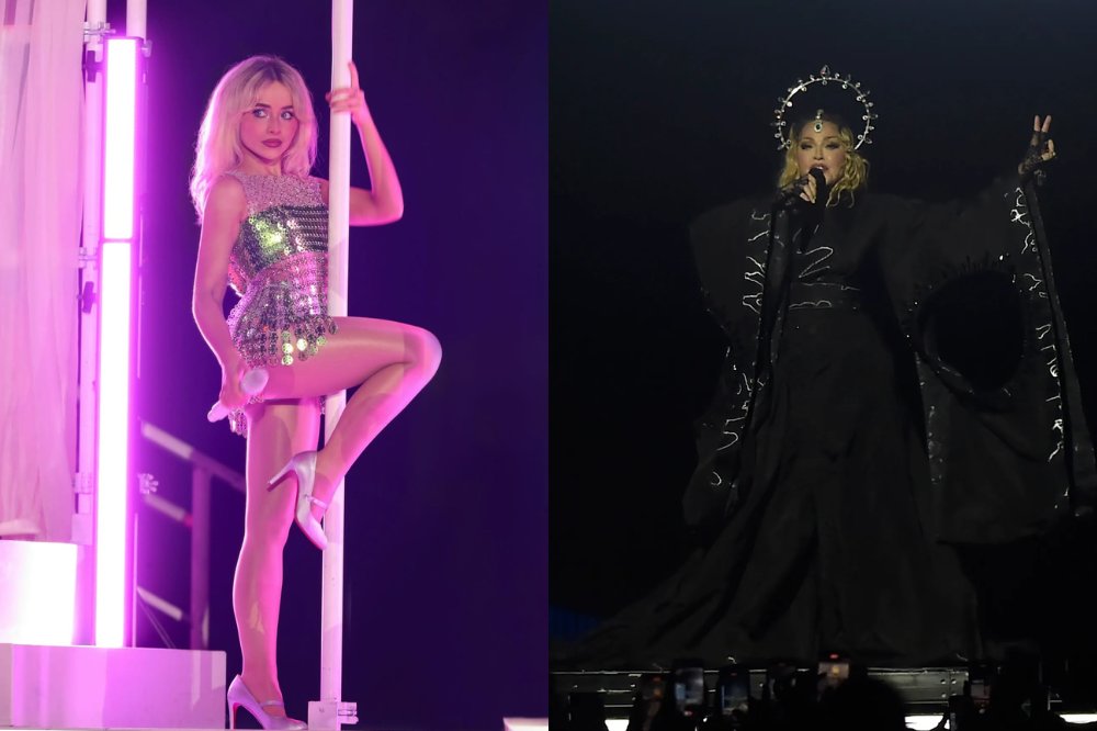Duas cantoras no palco: uma em performance pop brilhante e outra com figurino dramático e gótico.