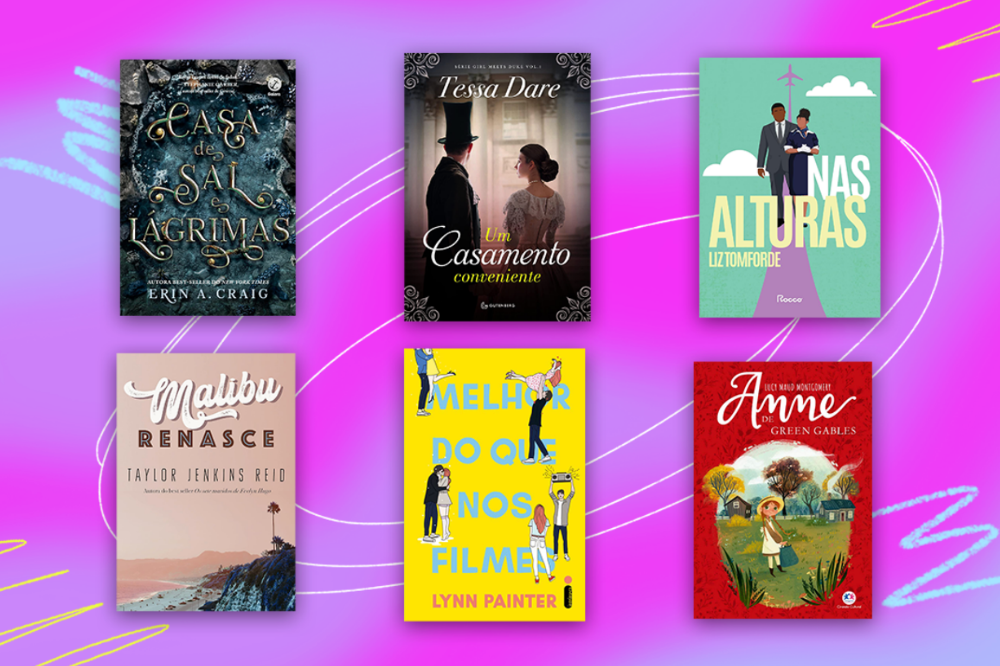 Seis capas de livros em fundo roxo e rosa. Da esquerda para a direita, de cima para baixo: "Casa de Sal e Lágrimas", "Um Casamento Conveniente", "Nas Alturas", "Malibu Renasce", "Melhor do que nos Filmes", "Anne de Green Gables"