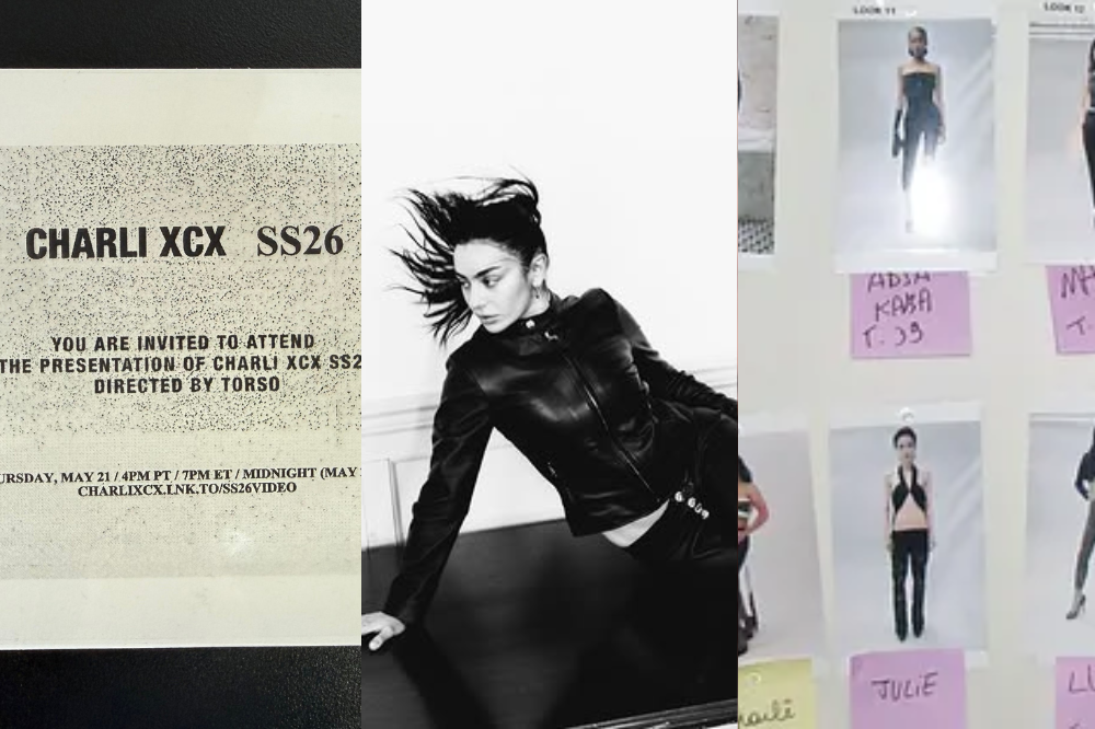 Convite para Charli XCX SS26, mulher de jaqueta de couro com cabelo ao vento, e painel com fotos de modelos e anotações