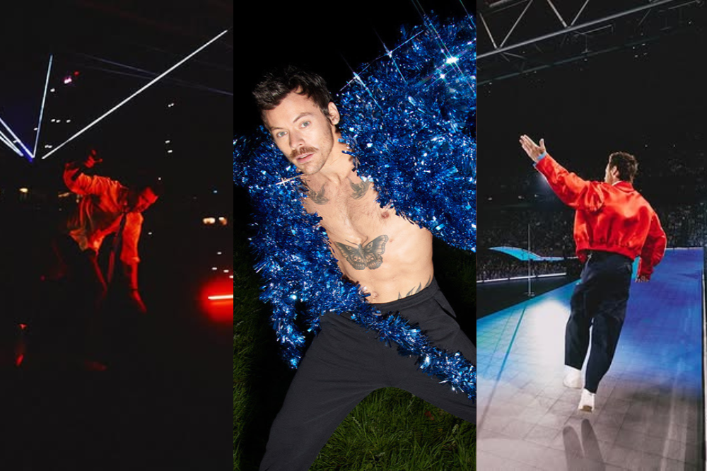 Três imagens de Harry Styles: à esquerda, ele dança em palco escuro com luzes vermelhas; ao centro, sem camisa, usa um cachecol azul brilhante e calça preta, olhando para frente; à direita, de costas, corre em palco azul e branco com jaqueta vermelha e calça escura, braço erguido