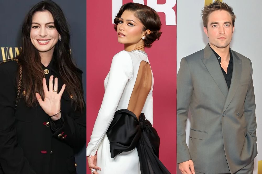 Trio de estrelas de Hollywood: Anne Hathaway, Zendaya e Robert Pattinson em destaque.