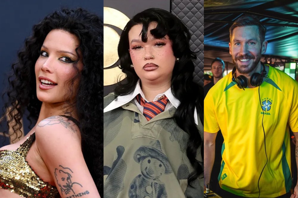 Três artistas em close-up: Halsey com cabelo cacheado e top dourado, seguida por uma pessoa de cabelo escuro, maquiagem rosa e gravata listrada, e Calvin Harris sorrindo com fones de ouvido e camisa da seleção brasileira