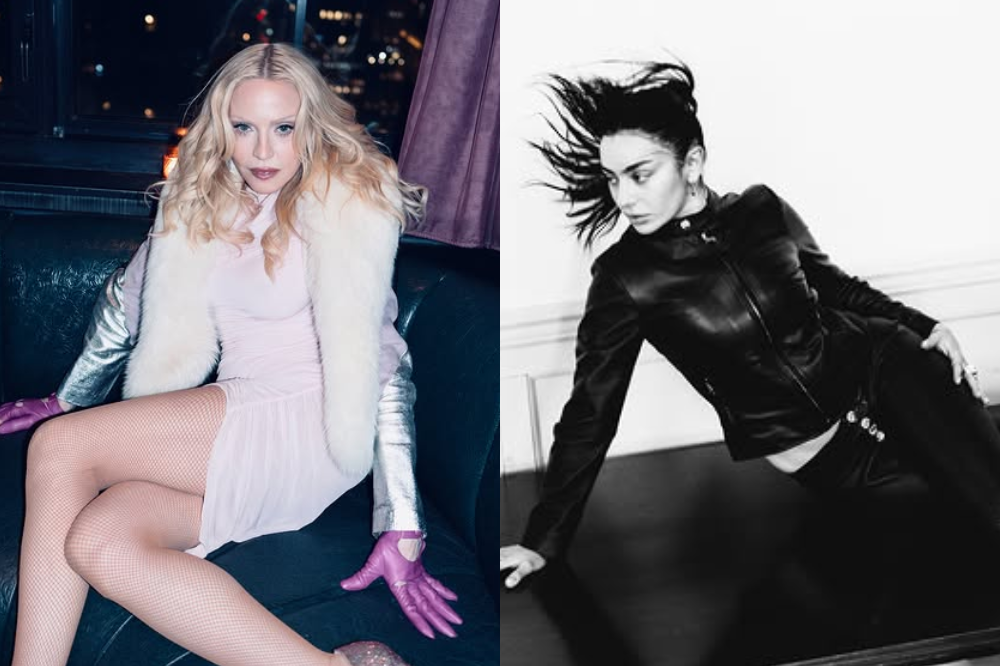 Duas mulheres em poses distintas. À esquerda, Madonna loira, de vestido rosa claro, casaco de pele branco, mangas prateadas e luvas roxas, sentada em um sofá escuro com luzes da cidade ao fundo. À direita, uma mulher de cabelo escuro esvoaçante, vestindo jaqueta e calça de couro pretas, inclinada para frente em um fundo claro