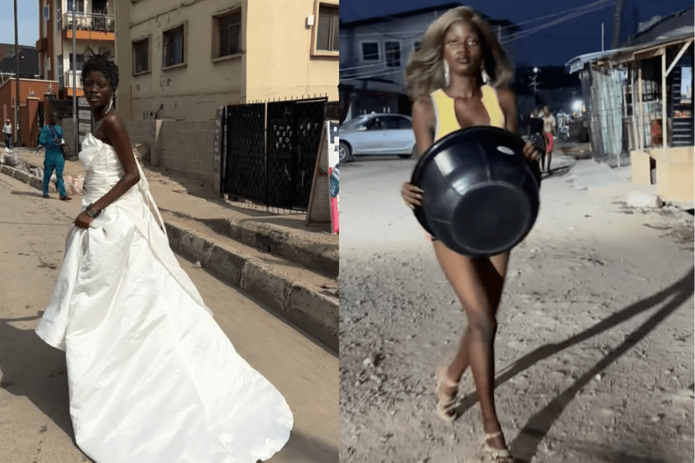 Mulher negra em duas cenas: à esquerda, ela usa um vestido de noiva branco longo em rua clara; à direita, com peruca loira, top amarelo e shorts, carrega uma bacia preta em rua escura