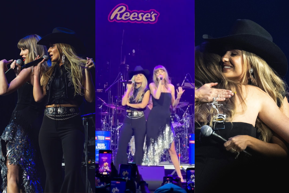Taylor Swift e Kelsea Ballerini cantando juntas no palco, com Taylor usando um vestido preto e prata, e Kelsea com chapéu de cowboy, colete e calça pretos, e cinto prateado. A imagem mostra as duas em diferentes momentos do show, incluindo um abraço emocionado, com o público e o logo da Reeses ao fundo