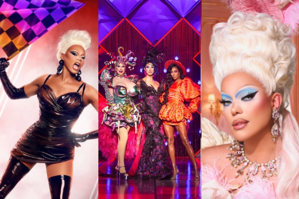 Três imagens de drag queens: RuPaul com vestido de látex e bandeira quadriculada, três queens em trajes extravagantes no palco, e uma queen com peruca branca e maquiagem azul