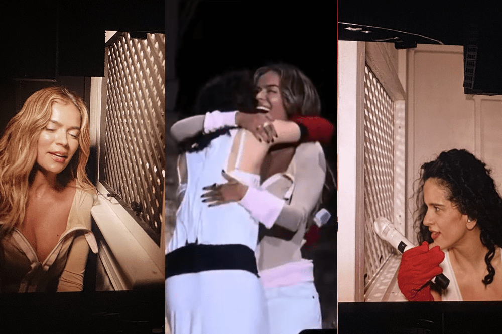 Montagem de três cenas: à esquerda, Karol G com cabelo loiro ondulado, blusa bege, cantando com olhos fechados; ao centro, Karol G abraça uma mulher de costas, ambas sorrindo; à direita, Rosalía com cabelo cacheado escuro, luvas vermelhas, segurando um microfone branco e cantando