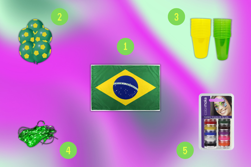 Itens de festa com tema Brasil: bandeira brasileira, balões verdes com pentágonos amarelos, copos plásticos amarelos e verdes, colar de bolinhas verdes e kit de maquiagem facial com potes de glitter colorido