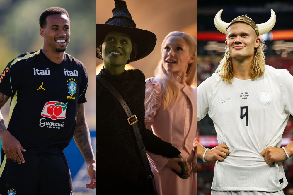Três imagens lado a lado. À esquerda, um jogador de futebol brasileiro sorrindo, vestindo uniforme preto. No centro, duas atrizes caracterizadas como bruxas, uma de pele verde e chapéu pontudo, outra loira de vestido rosa. À direita, um jogador de futebol loiro com capacete viking e camisa branca, segurando a barra da camisa