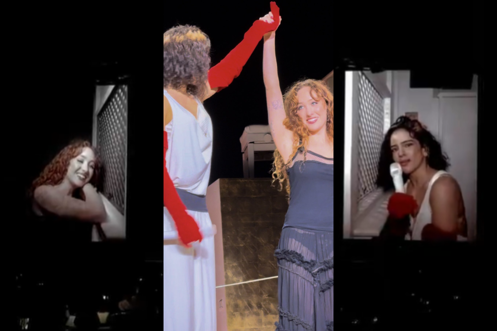 Montagem de três fotos: à esquerda, mulher sorrindo, cabelos cacheados ruivos, apoiada em grade; ao centro, mulher de vestido azul e homem de túnica branca com luvas vermelhas, ambos com braços erguidos em celebração; à direita, mulher de top branco cantando em microfone branco com luva vermelha