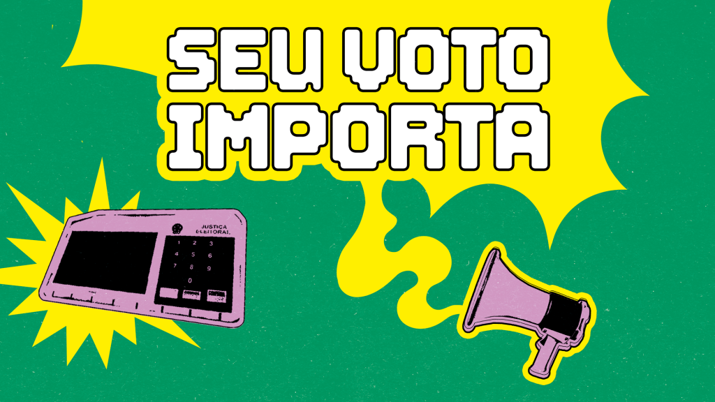 Ilustração com fundo verde escuro e textura granulada. No centro superior, em balão de fala amarelo, o texto SEU VOTO IMPORTA em letras brancas com contorno preto. À esquerda, uma urna eletrônica lilás com tela preta e teclado numérico, sobre um brilho amarelo. À direita, um megafone lilás com detalhes pretos e contorno amarelo, sobre uma mancha amarela. O estilo é de desenho animado com cores vibrantes