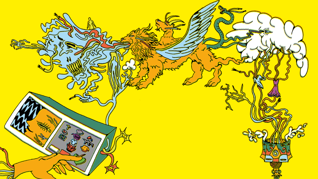 Ilustração vibrante em amarelo, mostrando uma mão controlando um dispositivo com tela dividida, exibindo um rosto e ícones. Do dispositivo, saem fios que se conectam a uma criatura azul disforme, um leão alado com cabeça de dragão, uma serpente e uma nuvem com raios, de onde pendem roupas e objetos. A imagem sugere a complexidade e interconexão do mundo digital e suas influências