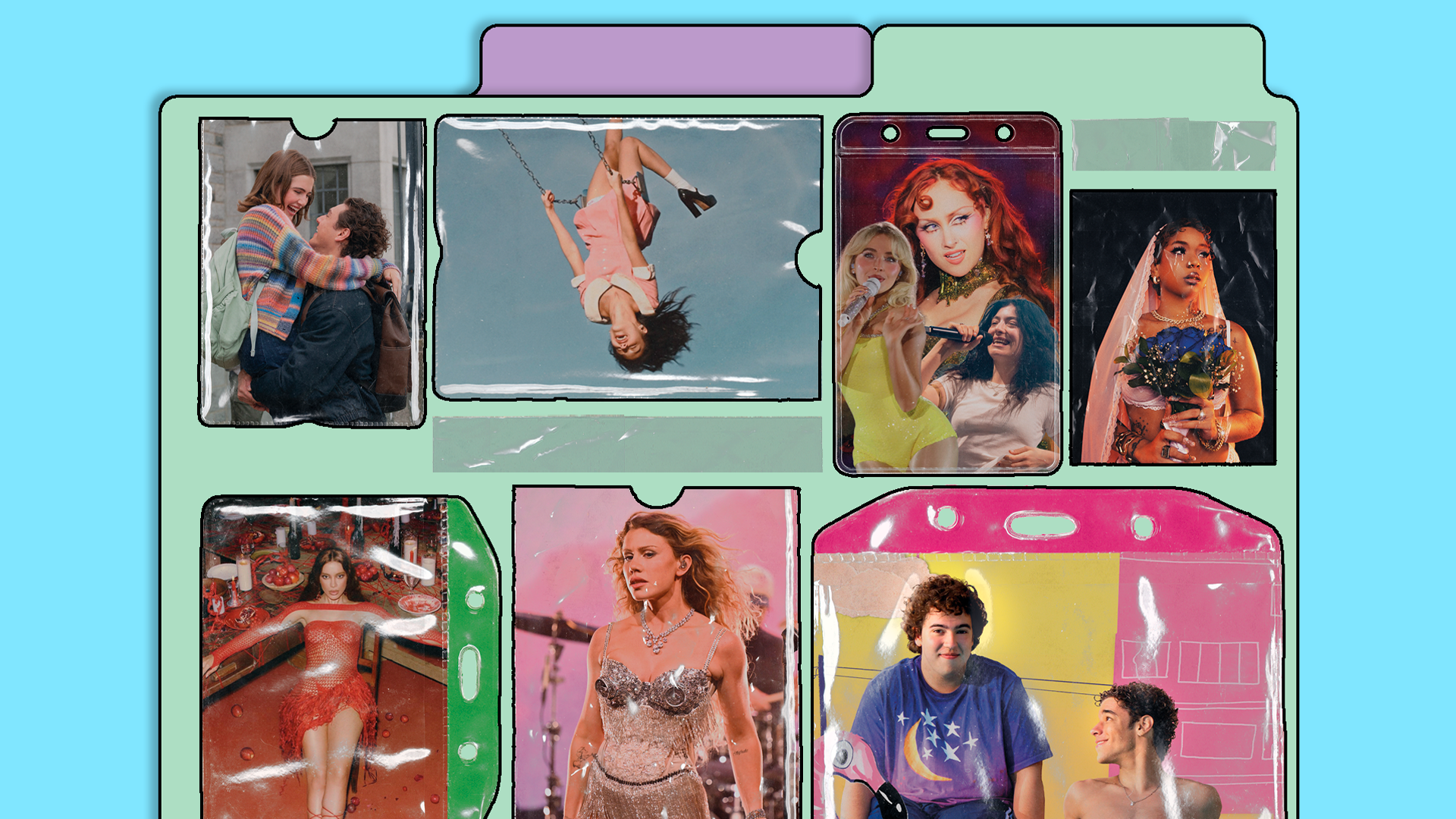 Colagem de seis fotos em estilo polaroid, com bordas pretas e fundo azul claro. As fotos mostram: um casal se abraçando, uma mulher de vestido rosa de cabeça para baixo em um balanço, três mulheres cantando em um palco, uma mulher de véu segurando um buquê azul, uma mulher de vestido vermelho em uma cozinha, uma mulher loira em um palco, e dois homens sorrindo.