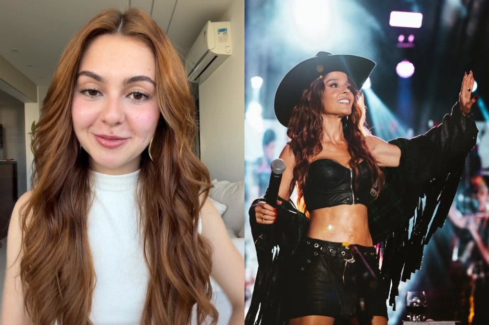 Montagem de duas mulheres: à esquerda, uma jovem ruiva de blusa branca sorri levemente; à direita, uma cantora de chapéu e roupa preta de couro, com microfone na mão, canta em palco iluminado