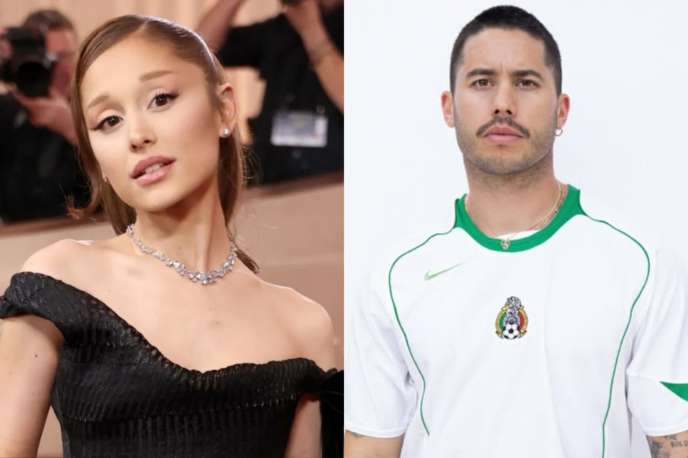 Ariana Grande com vestido preto tomara que caia e colar de diamantes, e Dalton Gomez com camisa branca de futebol com detalhes verdes e escudo do México