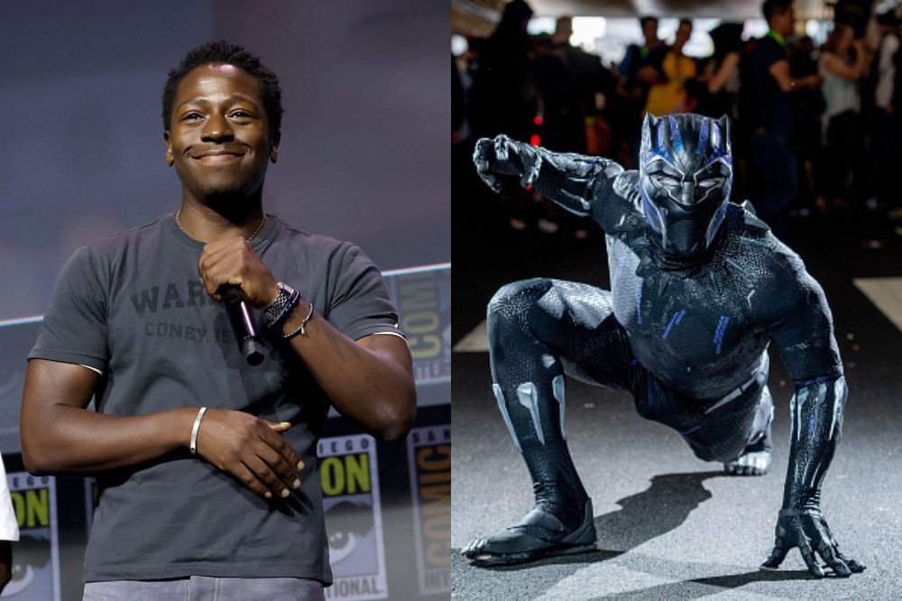 O ator Denzel Whitaker sorri segurando um microfone, à esquerda. À direita, uma pessoa fantasiada de Pantera Negra, agachada em pose de ataque, com detalhes roxos e prateados na roupa preta