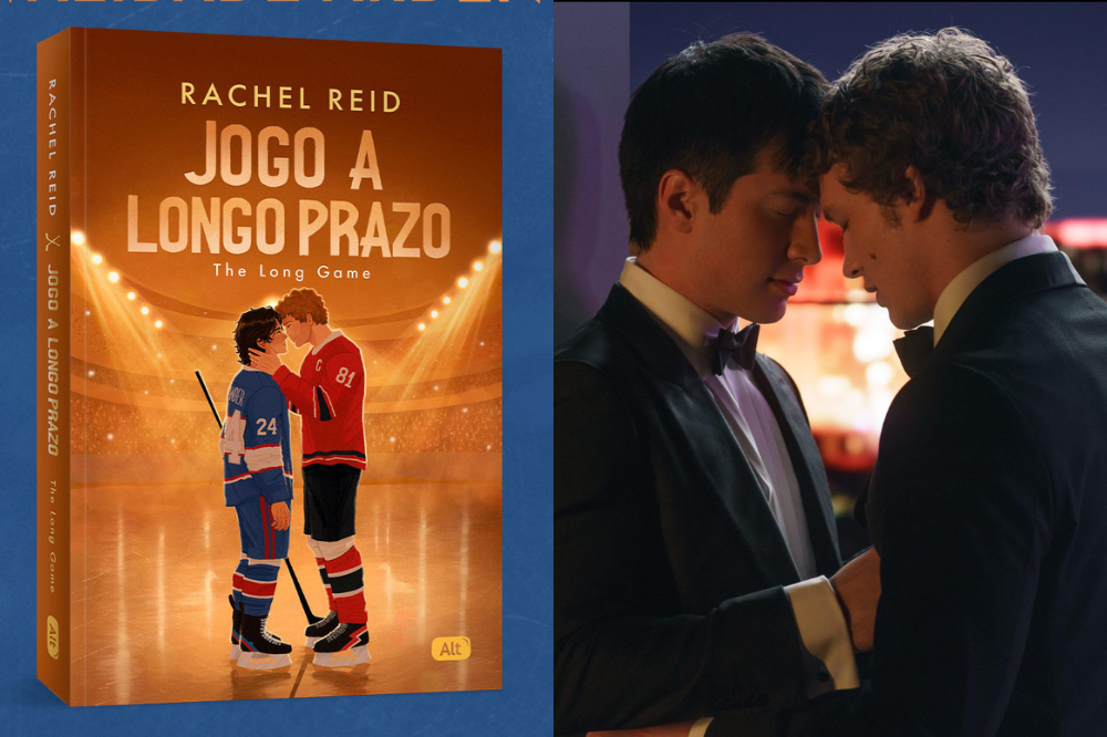 Capa do livro Jogo a Longo Prazo com dois jogadores de hóquei se abraçando no gelo, e à direita, dois homens de smoking com as testas encostadas em um ambiente escuro