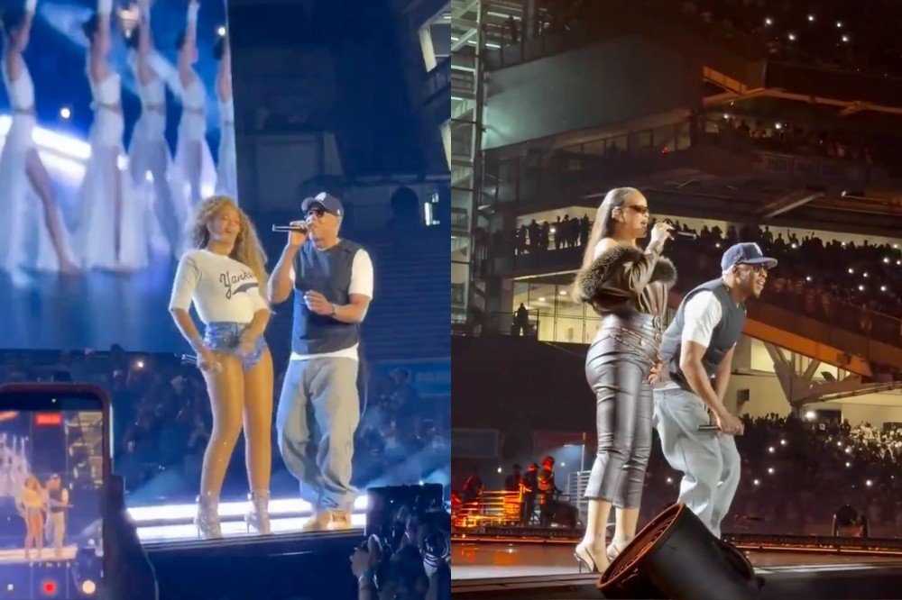 Duas imagens lado a lado de shows. À esquerda, Beyoncé com shorts jeans e Jay-Z com boné e calça larga cantam no palco. À direita, Rihanna de óculos escuros e calça de couro e Jay-Z com boné e calça clara se apresentam para uma multidão em um estádio.