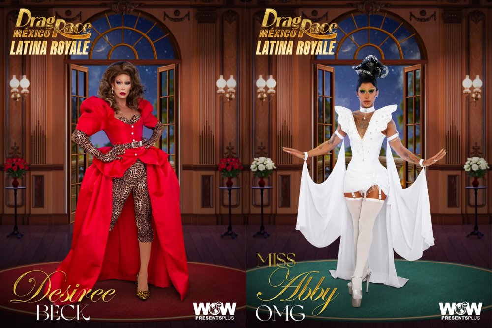 Duas drag queens posam em um salão luxuoso. À esquerda, Desiree Beck usa um vestido vermelho com cauda e calça justa de oncinha. À direita, Miss Abby OMG veste um corpete branco com saia curta, meias 7/8 e cauda longa, com cabelo preso e adornado