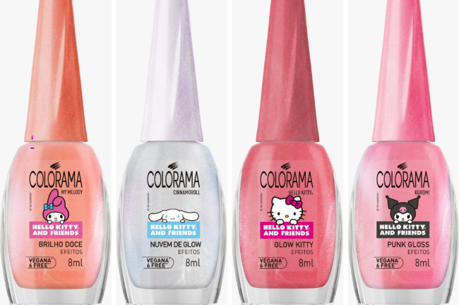 Quatro esmaltes Colorama da coleção Hello Kitty and Friends. Da esquerda para a direita: My Melody (laranja pêssego), Cinnamoroll (branco perolado), Hello Kitty (rosa claro com brilho) e Kuromi (rosa choque com brilho)