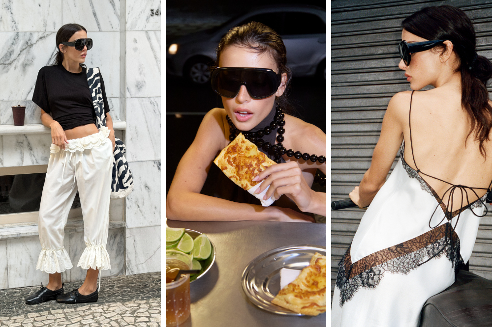 Três mulheres em poses diferentes. À esquerda, uma mulher de óculos escuros, blusa preta, calça branca com babados e bolsa de zebra, encostada em uma parede de mármore. No centro, outra mulher de óculos escuros, colar de contas pretas, comendo um pedaço de torta em uma mesa com limões e molho. À direita, uma mulher de costas, com vestido branco de alças finas e detalhes de renda preta, sentada em uma moto