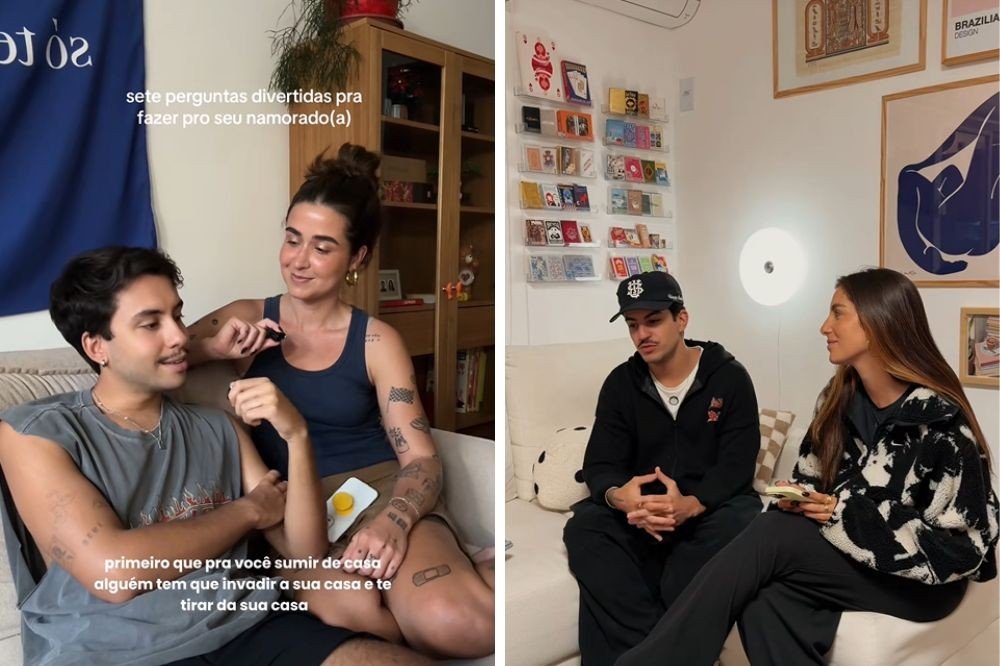 Duas cenas lado a lado. À esquerda, um casal jovem sentado no sofá, a mulher com tatuagens sorri para o homem. À direita, outro casal jovem sentado no sofá, o homem de boné e a mulher de casaco estampado conversam. Ambos os cenários são salas de estar com decorações modernas