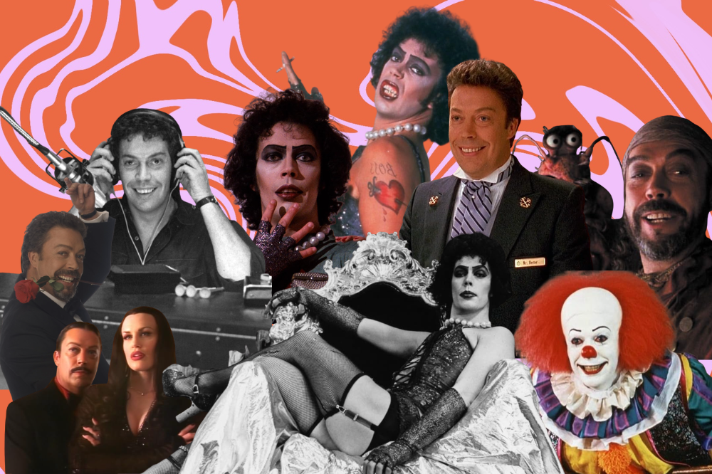 Colagem de Tim Curry em vários papéis: Dr Frank-N-Furter de Rocky Horror Picture Show, Pennywise de It, um pirata, um mordomo, um locutor de rádio, e Gomez Addams com Morticia