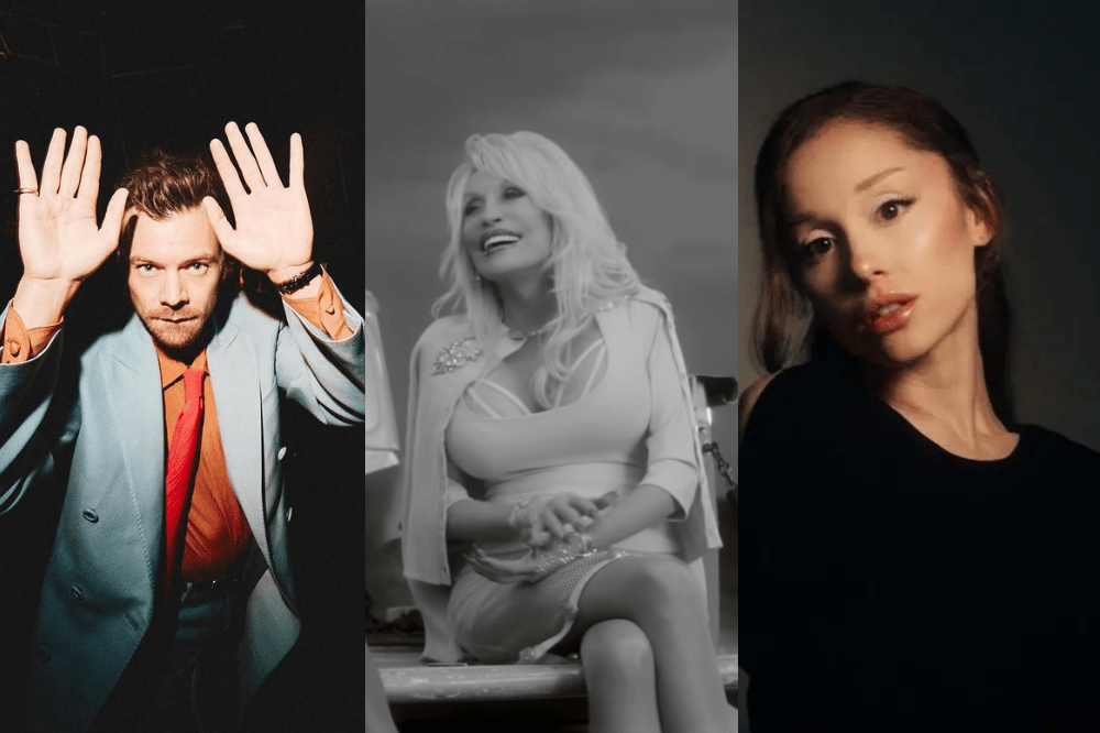Três cantores em colagem: à esquerda, homem de terno azul e camisa laranja com gravata vermelha, mãos levantadas; ao centro, Dolly Parton sorrindo, em preto e branco, com roupa clara e joias; à direita, Ariana Grande com cabelo escuro, blusa preta, olhando para a câmera