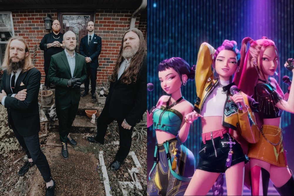 À esquerda, cinco homens barbudos em ternos escuros posam em frente a uma casa de tijolos. À direita, três personagens femininas de anime com roupas coloridas e microfones cantam em um palco iluminado